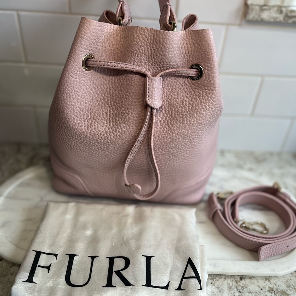 Furla Blush Pink Leather Drawstring Backpack